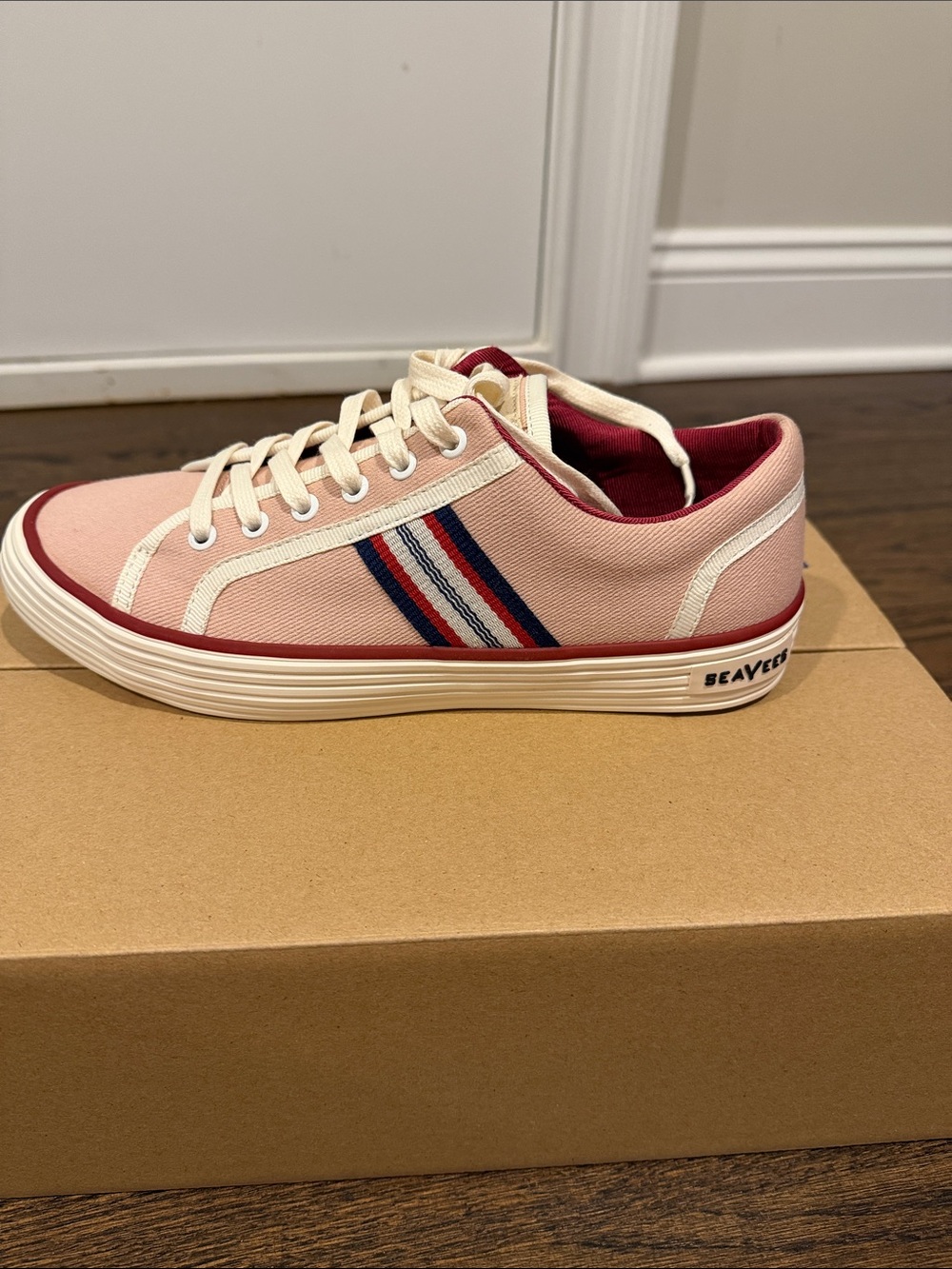 SeaVees Pink Canvas Low-Top Sneakers with Navy & Red Stripes